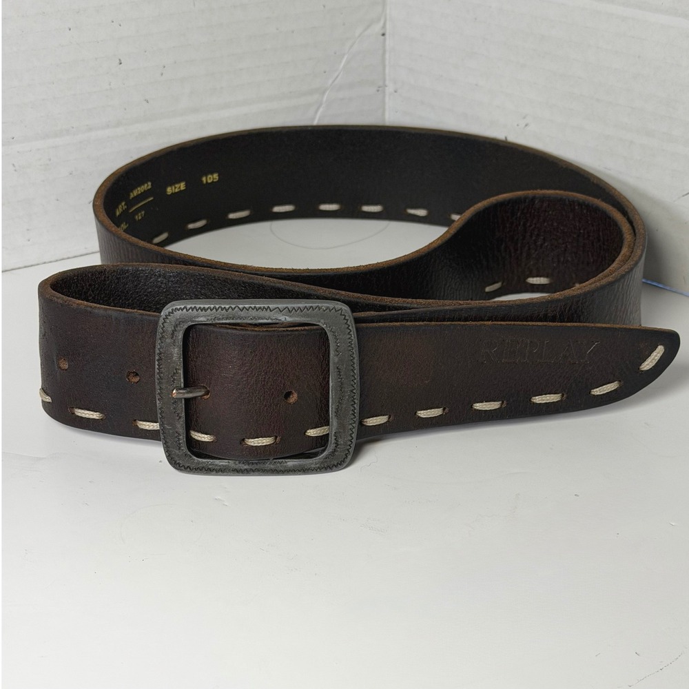 Replay Mens Dark Brown Leather Belt‎ Size 105 Contrast Stitch AM2062 Italy